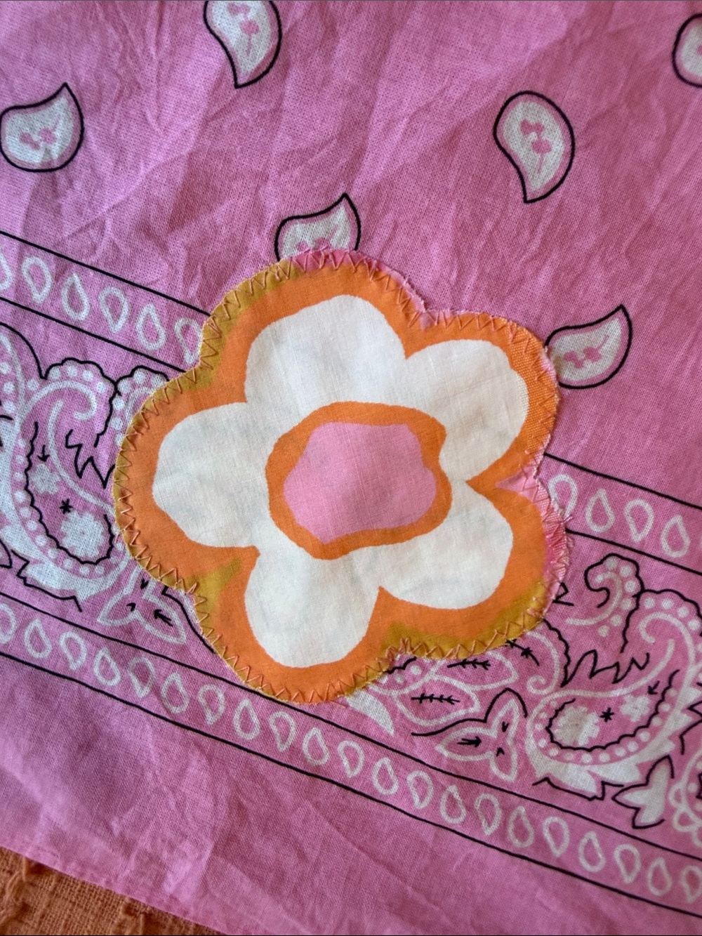 Appliqué Vintage Sheet Cotton Pink Floral Bandana Scarf - Picture 3 of 6